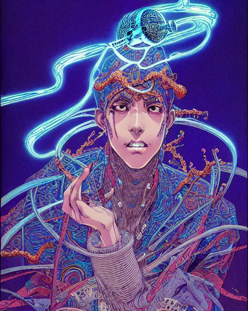 Image similar to hyper detailed illustration of a blue ghost djinn with microphone, intricate linework, lighting poster by moebius, ayami kojima, 9 0's anime, retro fantasy