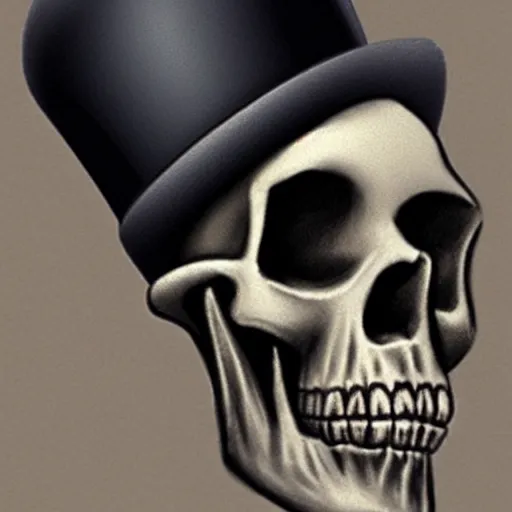 Image similar to Skull, top hat, smoke, smoke coming out of skull, hyperrealistic,