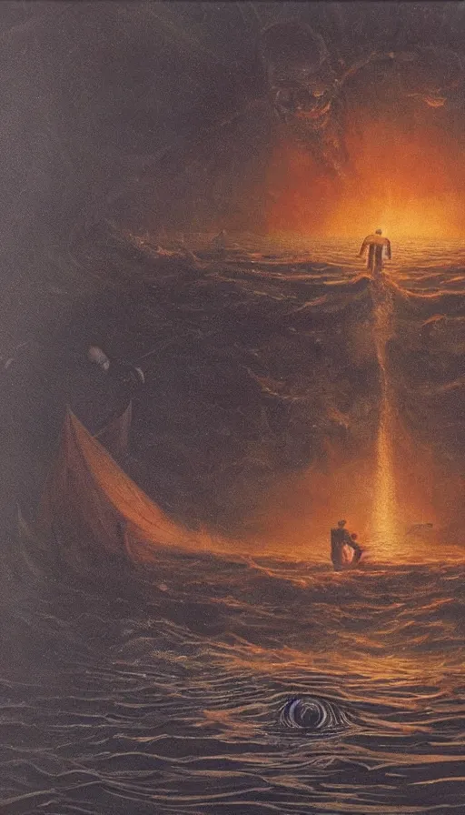 Prompt: man on boat crossing a body of water in hell with creatures in the water, sea of souls, by david a. hardy