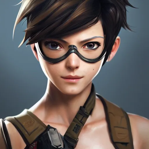 Image similar to a highly detailed portait of tracer from overwatch as nier automata cain, digital art, pretty face, muscular, very beautiful face, very detailed eyes, 8 k resolution, digital painting, by james gurney wlop, greg rutkowski, full body