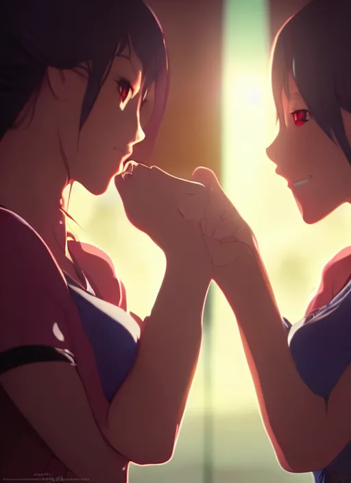 Image similar to two beautiful mothers standing face to face taunting each other, gorgeous faces, smooth, cinematic lighting, detailed anime art