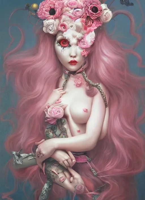 Image similar to pop surrealism, lowbrow art, realistic seductive cute woman painting, pink body harness, long hair, japanese shibari with flowers, hyper realism, muted colours, rococo, natalie shau, loreta lux, tom bagshaw, mark ryden, trevor brown style,