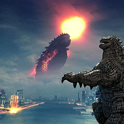 Image similar to meteor colliding with tokyo with godzilla watching