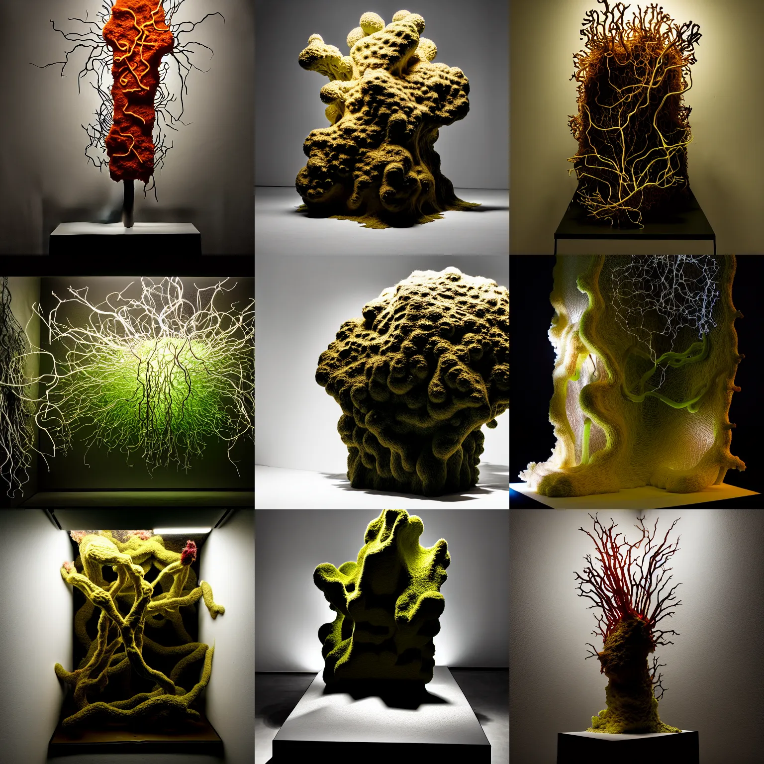 Prompt: rhizomatic lifeform, first person view, light mode, fluorescent lamp, rembrandt lighting, deep shadows, fog and light, tremella fuciformis, diorama, abstract sculpture, graffiti elements, kiki smith, 8 k