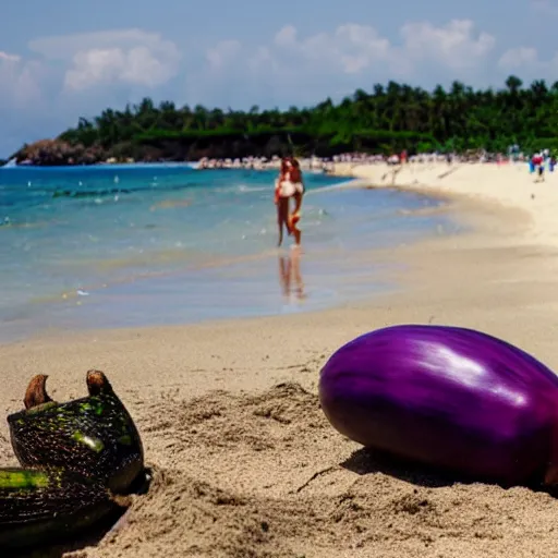 Image similar to huge eggplant sunbathing on the beach among people, photo,