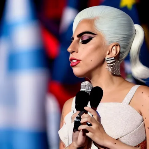 Image similar to Lady Gaga as president, Argentina presidential rally, Argentine flags behind, bokeh, giving a speech, detailed face, Argentina