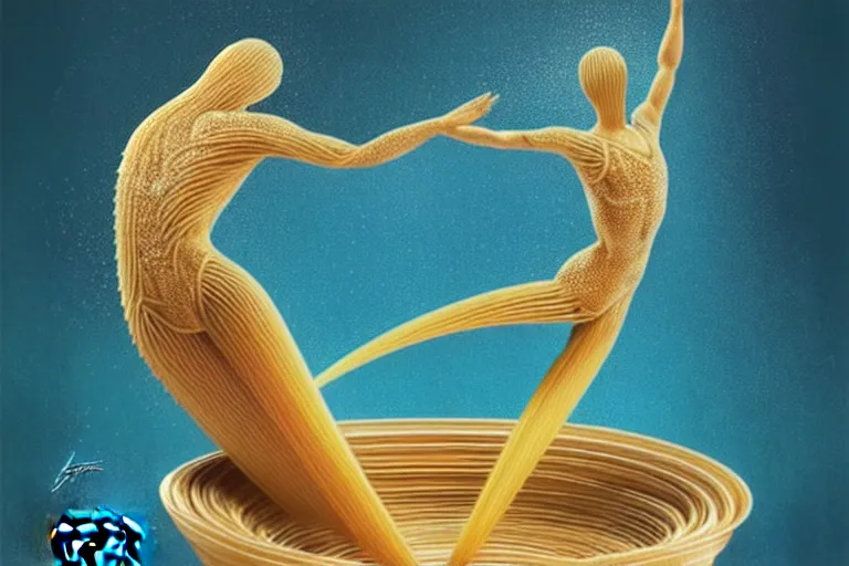 Image similar to olympic diver made of pasta diving into a dish of pasta, splash, art deco intricate ripples, fantasy, elegant, highly detailed, sharp focus, art by artgerm and beeple and greg rutkowski and wlop