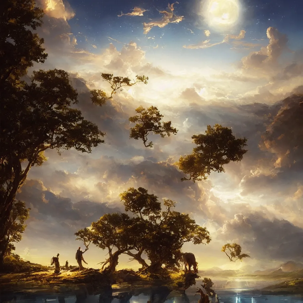 Image similar to a sending down [ of the revelation ] from him who created the earth and the lofty heavens, overdetailed art, by greg rutkowski, by rhads, sharp focus, god looking at me, a tree and river on foreground ground