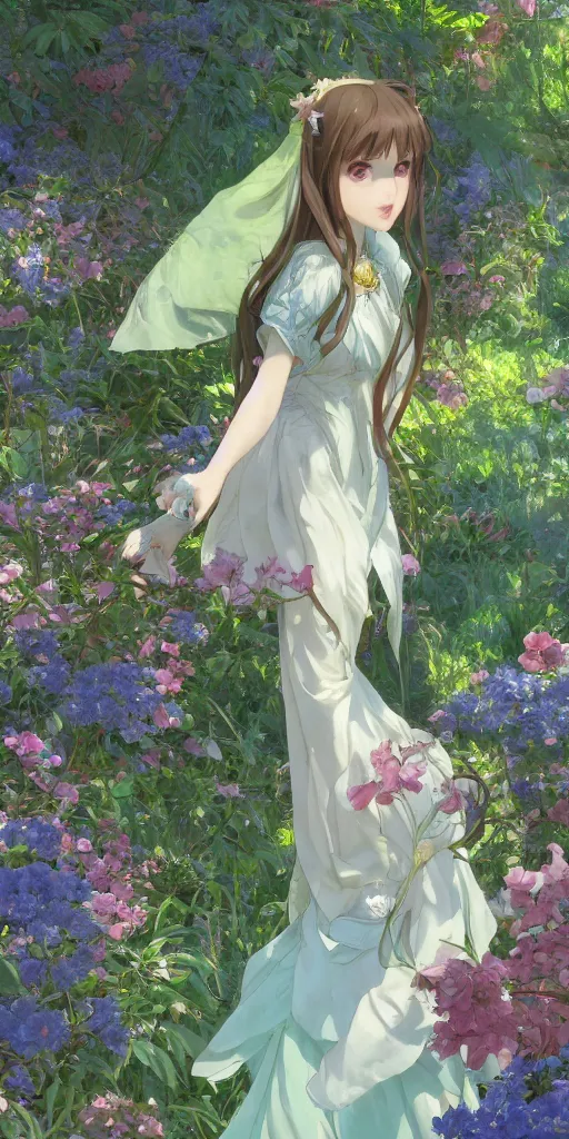 Image similar to a digital art of a loli with long hair in a dress in the privet garden at after noon, green and warm theme, mediumslateblue flowers, back lighting, by krenz cushart and mucha and akihito yoshida and greg rutkowski and makoto shinkai, highly detailed, 4 k resolution, trending on art station