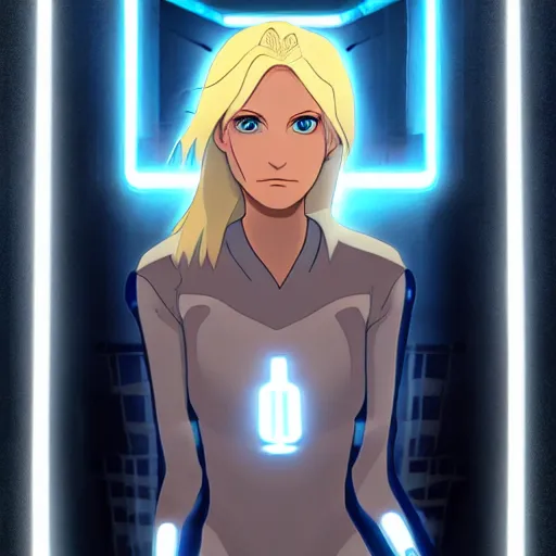 Image similar to Annie Leonhart in a Tron movie, atmospheric photo, beautiful face, cute, realistic skin, beautiful eyes