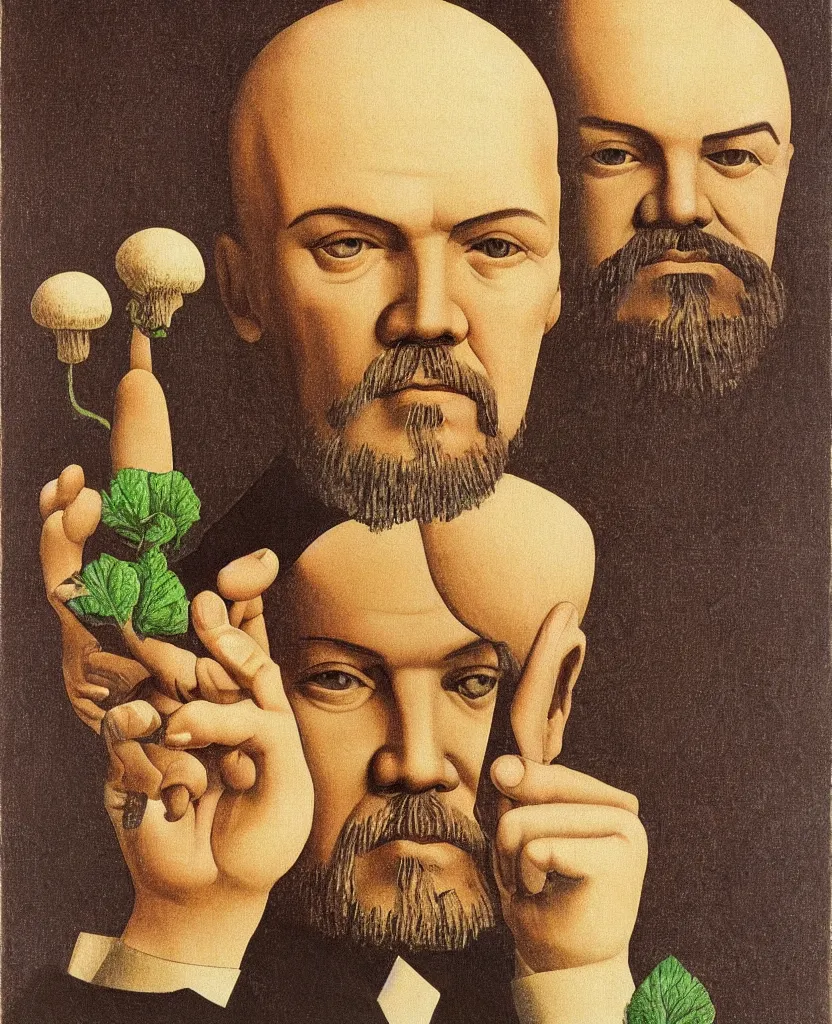 Image similar to A detailed portrait of Vladimir Lenin with a mushroom for a head. Painted by Grant Wood