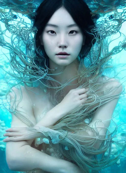 Image similar to an underwater photographic beauty portrait of jingna zhang, cinematic, volumetric lighting, fantasy, intricate, elegant, highly detailed, digital painting, artstation, concept art, smooth, sharp focus, illustration, art by ayami kojima, artgerm and h r giger and alphonse mucha