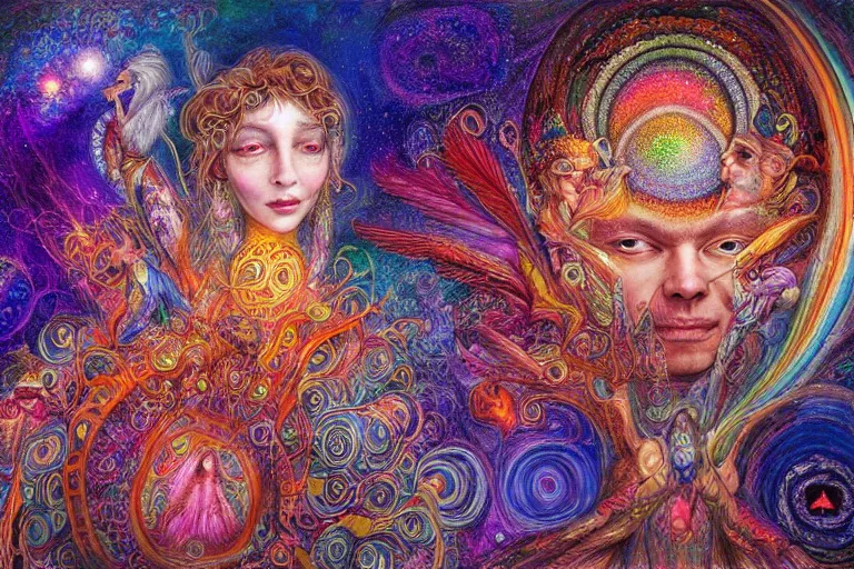 Image similar to two psychedelic shamans intertwined in a cosmic entanglement by Josephine Wall and Daniel Merriam, Artstation