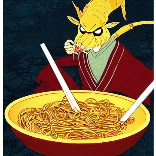 Image similar to robe rat samurai eating noodles, painting on a canvas, anime style, studio ghibli, contemplative, beautiful, surreal, detailed, dreamy