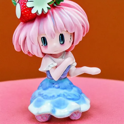 Prompt: a ceramic figurine of a cute funny strawberry fairy with a frilly floral dress featured on yotsubato, by hayao miyazaki, pastels, wide angle, dynamic pose, 🎀 🍓 🧚