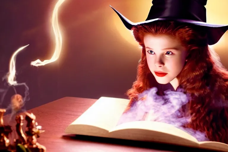 Prompt: close up portrait, dramatic lighting, teen witch calmly pointing a magic wand casting a spell over a large open book on a table with, short hair, cat on the table in front of her, sage smoke, a witch hat cloak, apothecary shelves in the background, still from the wizard of oz