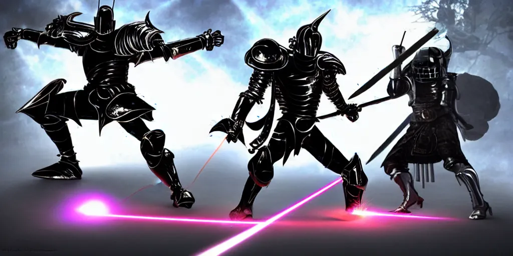Image similar to a futuristic metal knight with laser katana fighting with the giant white beast