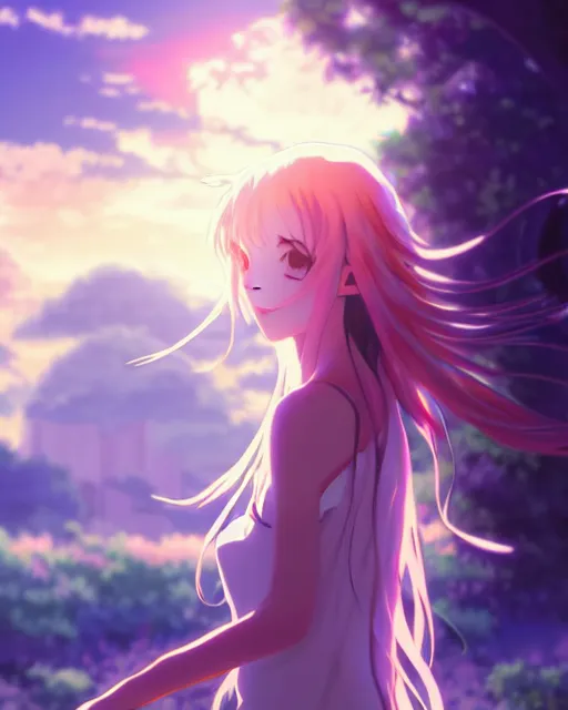 Image similar to anime style, vivid, expressive, full body, 4 k, a cute girl with white skin and long wavy hair humming a song, stunning, realistic light and shadow effects, centered, simple background, studio ghibly makoto shinkai yuji yamaguchi