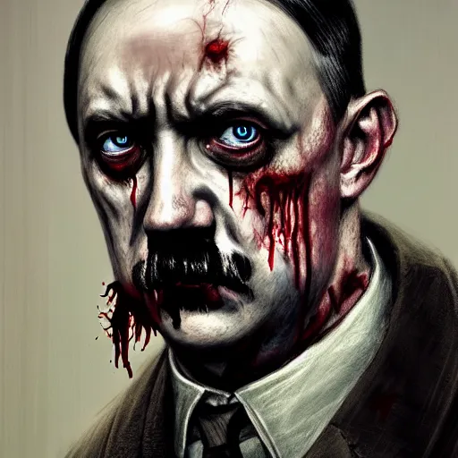 Image similar to head portrait of clothed adolf hitler as a zombie, 7 days to die zombie, gritty background, fine art, award winning, intricate, elegant, sharp focus, cinematic lighting, digital painting, 8 k concept art, art by michael hussar, art by brom, art by guweiz and z. w. gu, 8 k