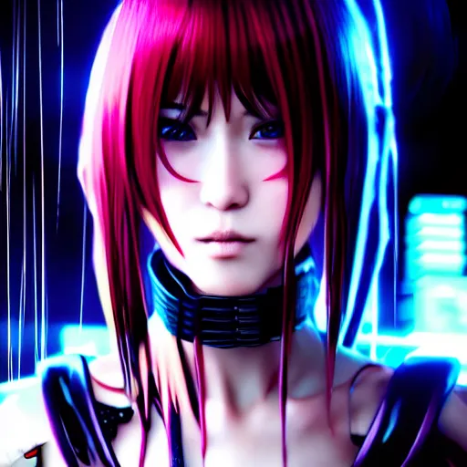 Image similar to An epic comic hyperrealistic anime painting of a cyber warrrior girl wearing futuristic wardrobe, black and silver, ultradetailed face expression trending on artstation and artbreeder, cyberpunk 2077 color, heavy rainning at tokyo street night, neon ligh, DAZ, 8k, unreal 5 engine render, cosplay, RPG portrait, final fantasy Vll world concept, dramatic lighting, rim lights, PS5 render quality