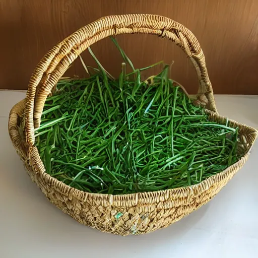 Prompt: a basket woven from green flower stems