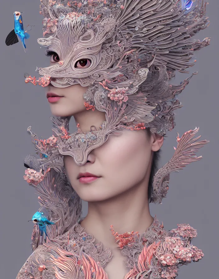 Image similar to 3 d goddess medium shot profile portrait. beautiful intricate highly detailed korean gumiho mask and traditional korean hanbok. stingray, magpie, stingray, magpie, bioluminescent, plasma, lava, ice, water, wind, creature, fog, artwork by tooth wu and wlop and beeple and greg rutkowski, 8 k trending on artstation,