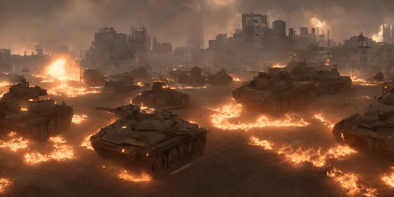 Image similar to tanks burning city, army, crowds of people, banners, volumetric lighting, unreal engine, realistic