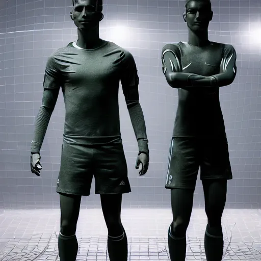 Image similar to a realistic detailed photo of a guy who is an attractive humanoid who is half robot and half humanoid, who is a male android, attractive and handsome soccer players, shiny skin, posing like a statue, blank stare, in a factory, on display, showing off his muscles, wearing soccer shorts, side view, looking at each other mindlessly