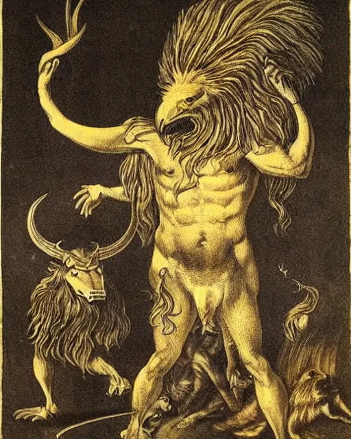 Image similar to a creature with the body and eyes of a man, with the beak of an eagle, the mane of a lion, and the horns of an ox. drawn by francis bacon