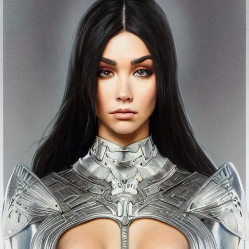 Image similar to portrait of madison beer wearing a skintight knight armor, intricate, elegant, highly detailed, digital painting, artstation, concept art, smooth, sharp focus, illustration, art by artgerm and greg rutkowski and alphonse mucha, 8 k