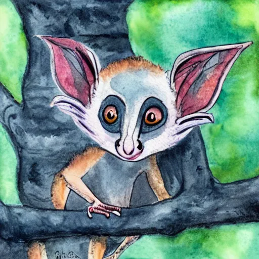 Image similar to an aye - aye in a tree. watercolour and ink