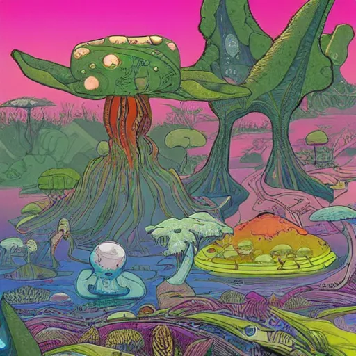 Image similar to the landscape of an alien planet with strange plants and animals. Hand drawing in the style of Miyazaki. Beautiful and colorful.