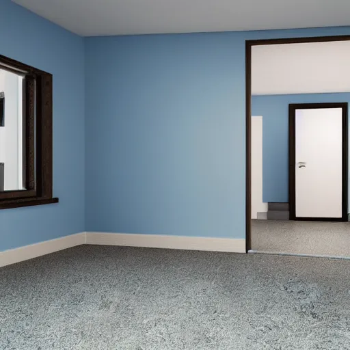 Prompt: dark nostalgic empty house at night with stairs in the middle and doors on either side, one door is closed and the door on the right is open to a blue bathroom, tan carpet