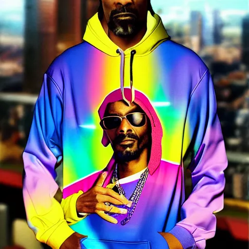 Prompt: Snoop Dogg wearing vibrant a vibrant all over print synthwave hoodie, showing you his Pokémon card he bought earlier, cityscape background, realistic photograph