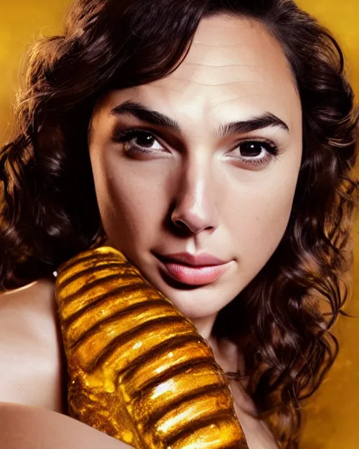 Prompt: beautiful gal gadot as honey, made of honey, wearing honey - themed miniskirt, award winning creature portrait photography, extremely detailed, artstation, 8 k, sensual lighting, incredible art, wlop, artgerm, backlit, rim lighting, hi - fructose