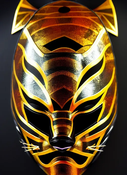 Prompt: prism samurai tiger mask, product photography, deep black background, fantasy, highly detailed, texture, shimmering, wlop, concept art, digital art, symmetrical features, 8k, golden-ratio, canvas, Wangechi Mutu, artstation, rule of thirds