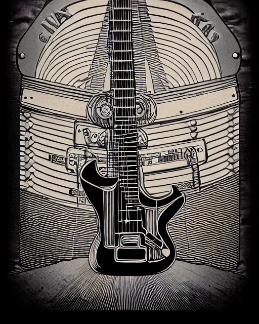 Image similar to a steampunk guitar leaning on an guitar amp, two point perspective, high details, bold line art, by vincent di fate and joe fenton, inking, etching, screen print, masterpiece, trending on artstation, sharp, high contrast, hyper - detailed,, hd, 4 k, 8 k