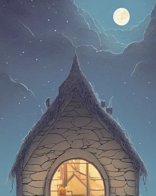 Image similar to beautiful painting of a serene moon at night over a elven house, art by mike winkelmann, sky night, illustration, highly detailed, simple, smooth and clean vector curves, no jagged lines, vector art, smooth, artstation