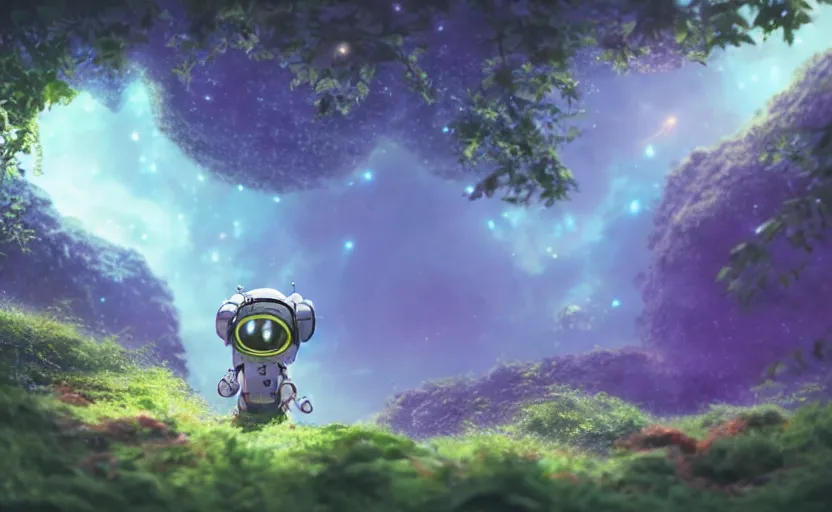 Image similar to a still of a cute adorable tiny astronaut, on a planet of lush foliage, with an enormous kaiju dragon surrounding, magical forest, sharp focus, neon backlit, highly detailed, disney pixar studio ghibli makoto shinkai, digital painting, matte, octane render, global illumination, iridescent, anime, 8 k concept art