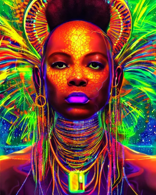 Prompt: a powerful energy psychedelic matrix african woman, by alexander fedosav, hyper detailed digital matte painting, concept art, hyperrealism, 1 6 k resolution, cinema 4 d, 8 k resolution, trending on artstation, behance hd, a masterpiece, by stephan martiniere, particles, cel - shaded, power bright neon energy, by david a. hardy,