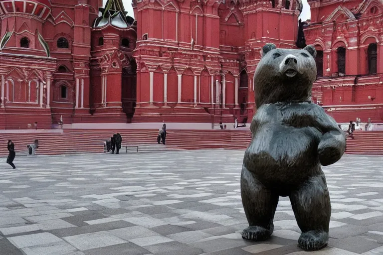 Image similar to a gigantic statue of bear holding a bottle of vodka in the middle of the red square, symmetry, awesome exposition, very detailed, highly accurate, 8 k, professional lighting diffracted lightrays, sense of awe