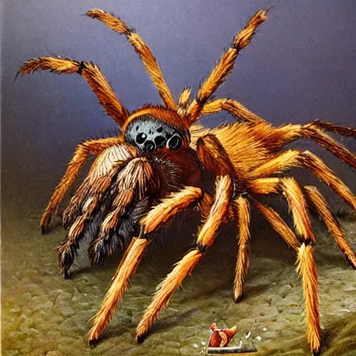 Image similar to a giant spider eating a cown. very detailed, scaring. fantasy.