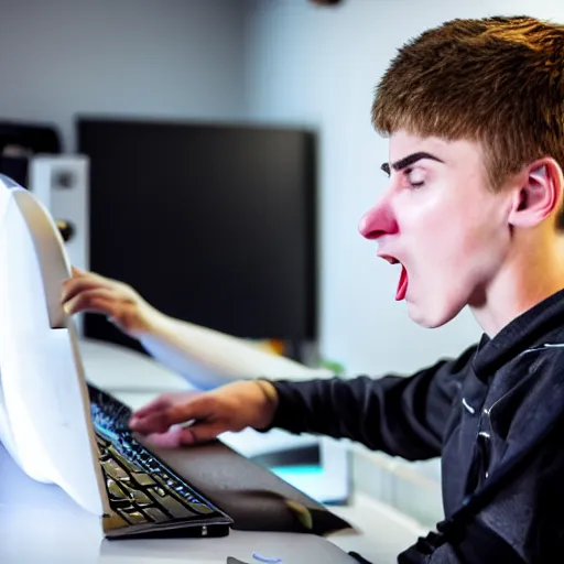 Prompt: teenage boy getting angry at a computer, award - winning photograph