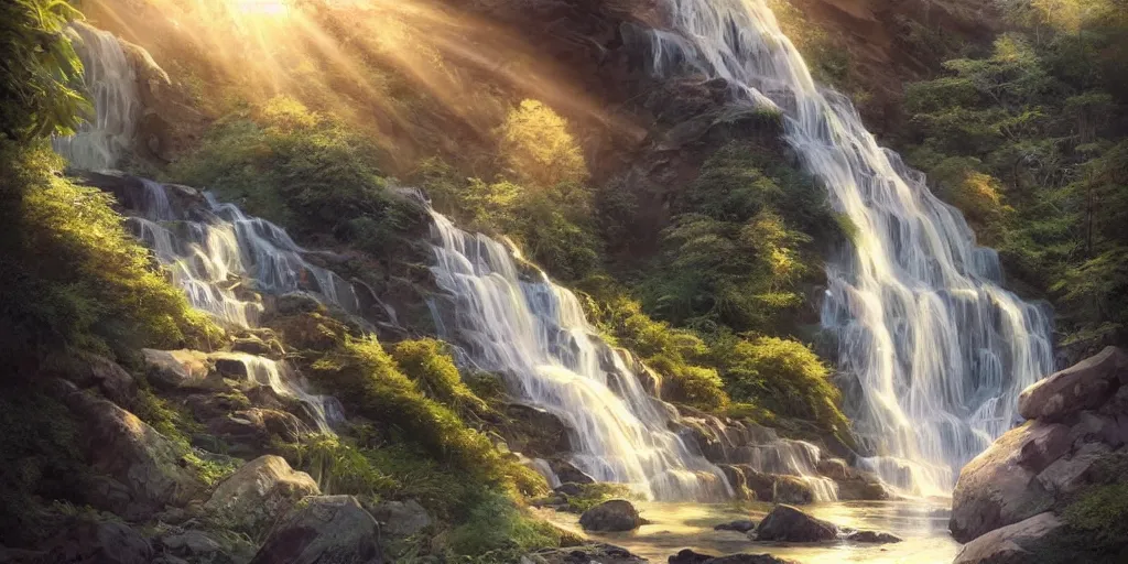 Image similar to beautiful waterfall between lush mountains in the sunset casting rays of light, highly detailed, sharp focus, artgerm, cgsociety, desaturated