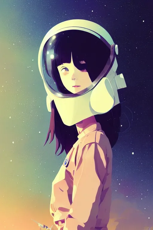 Image similar to portrait of a girl with astronaut helmets by ilya kuvshinov, cloudy sky background lush landscape ln illustration concept art anime key visual trending pixiv by victo ngai fanbox by greg rutkowski makoto shinkai takashi takeuchi studio ghibli