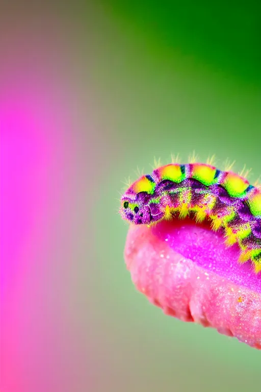 Image similar to high quality macro close-up translucent fluffy caterpillar! gorgeous highly detailed hannah yata elson peter cinematic pink lighting high quality low angle hd 8k sharp shallow depth of field