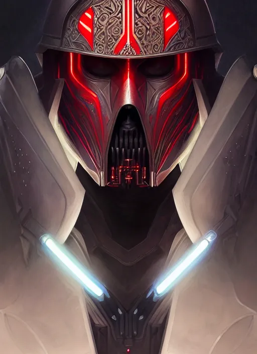 Image similar to Symmetry!! portrait of a sith lord, warrior in sci-fi armour, tech wear, muscular!! sci-fi, intricate, elegant, highly detailed, digital painting, artstation, concept art, smooth, sharp focus, illustration, art by artgerm and greg rutkowski and alphonse mucha