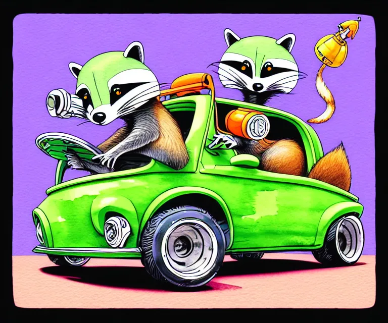 Prompt: cute and funny, racoon wearing a helmet riding in a tiny hot rod with oversized engine, ratfink style by ed roth, centered award winning watercolor pen illustration, isometric illustration by raymond edmonds, edited by range murata, tiny details by artgerm, symmetrically isometrically centered