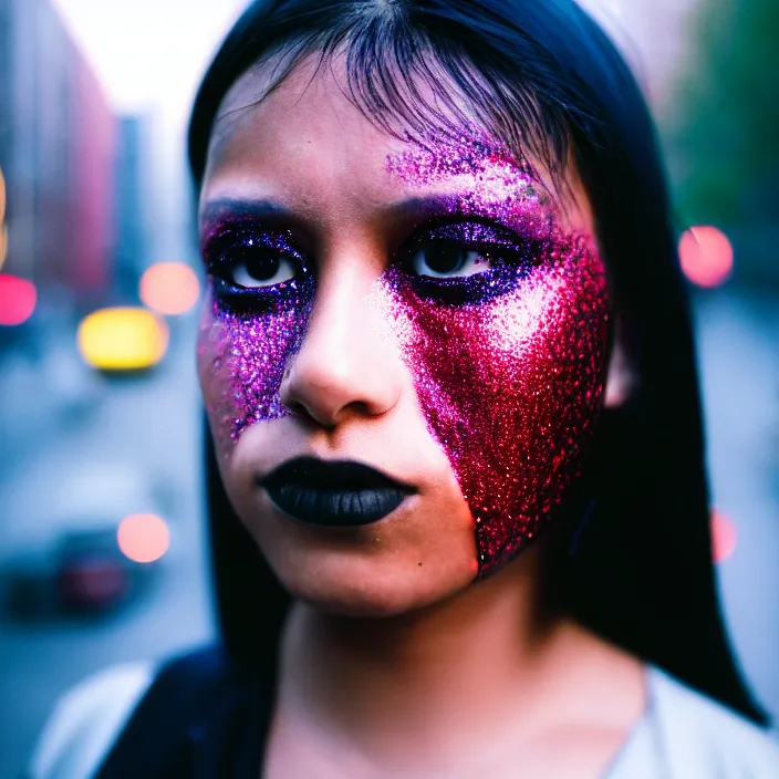 Image similar to Cinestill 50d candid photography of a city on fire, a techwear mixed woman wearing thick mascara and dark glitter makeup crying outside of a city on fire, tattoos, tilted frame, 4k, 8k, hd, full color, long shot, wide shot, full shot, blurry