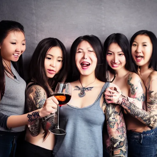 Prompt: large group of young eurasian women, tattoos, laughing, drinking wine, taken in photo studio, photorealistic, 8k,